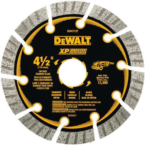 DeWALT® DW4713T HP™ Turbo Segmented Rim diamond Saw Blade, 4-1/2 in dia Blade, 1-1/4 in D Cutting, 7/8 in Arbor/Shank, Fast Cutting