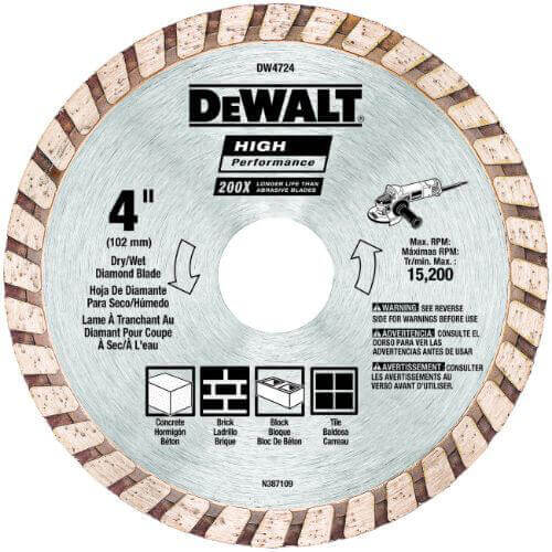 DeWALT® DW4724 High Performance™ Turbo diamond Saw Blade, 4 in dia Blade, 1 in D Cutting, 5/8 in, 7/8 in, 20 mm Arbor/Shank