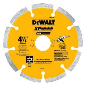 DeWALT® XP® DW4740 Segmented diamond Saw Blade, 4-1/2 in dia Blade, 1-1/4 in D Cutting, 7/8 in Arbor/Shank, Dry Cutting