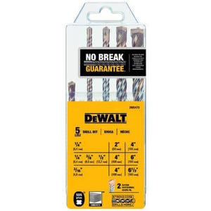 DeWALT® Guaranteed Tough® DW5470 Hammer Drill Bit Set, 3/16 in Min Drill Bit, 1/2 in Max Drill Bit, 135° Drill Point Angle, 5 pc