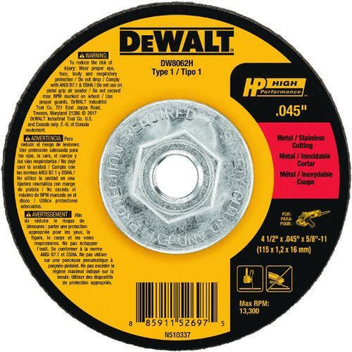 DeWALT® HP™ DW8062H Mini-Hub Small dia Cut-Off Wheel, 4-1/2 in dia x 0.045 in Thick, 24 Grit, Aluminum Oxide Abrasive