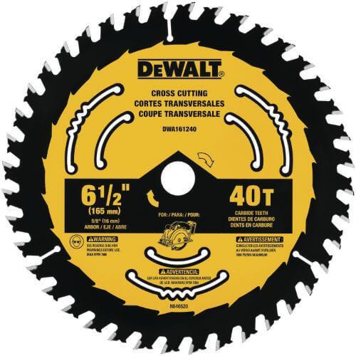 DeWALT® DWA161240 Circular Saw Blade, 6-1/2 in dia x 0.039 in Thick, 5/8 in Arbor, Tungsten Carbide Blade, 40 Teeth