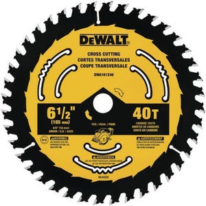 DeWALT® DWA161240 Circular Saw Blade, 6-1/2 in dia x 0.039 in Thick, 5/8 in Arbor, Tungsten Carbide Blade, 40 Teeth