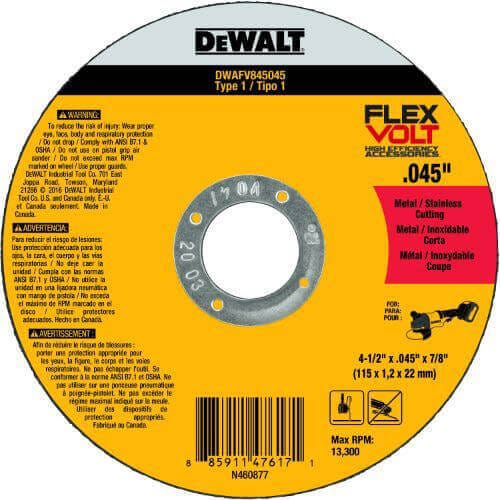 DeWALT® DWAFV845045 FlexVolt® Small dia FlexVolt Cut-Off Wheel, 4-1/2 in dia x 0.045 in Thick, 7/8 in Center Hole, 24 Grit, Ceramic Abrasive