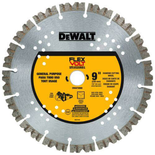 DeWALT® FlexVolt® DWAFV8900 Segmented diamond Blade, 9 in dia Blade, 7/8 in Arbor/Shank, Dry Cutting, 3-1/4 in D diamond