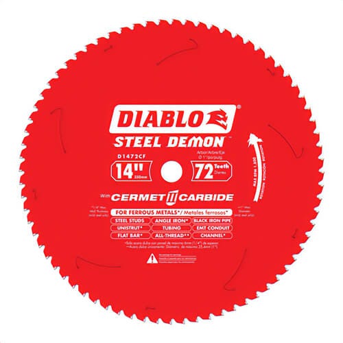 Diablo® D1472CF Steel Demon® Circular Saw Blade, 14 in dia x 0.071 in thick, 1 in Arbor, Carbide Blade, 72 Teeth