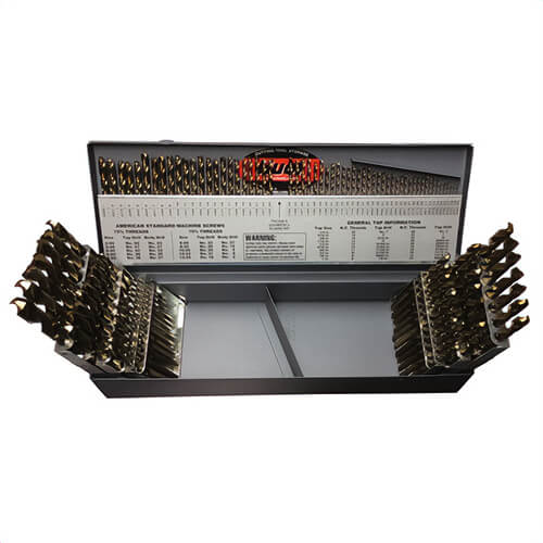 Drill America D/A115J-CO-SET 2-Flute Heavy Duty Premium Grade Jobber Length Drill Set, 135°  Drill Point Angle, 115 pc, Cobalt, Gold