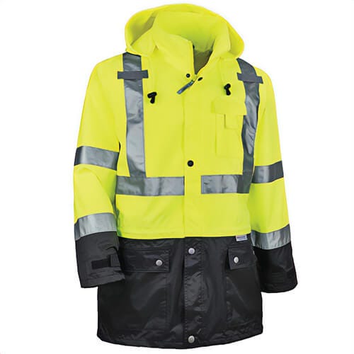 Ergodyne® 25325 8365BK GloWear® Rain Jacket, XL, Hi-Viz Lime, 300D Oxford Polyester, Resists: Water, ANSI 107 Type R Class 3