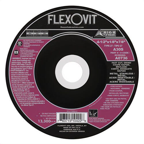 FlexOvit® High Performance™ A0736 Depressed Center Cut-Off Wheel, 4-1/2 in dia x 1/8 in Thick, 7/8 in Center Hole, A30S Grit
