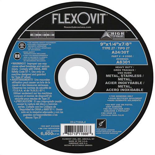 FlexOvit® A8301 Metal Grinding Wheel, 9 x 1/4 x 7/8 A24/30T