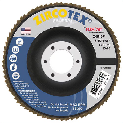 FlexOvit® High Performance™ Z4510F Zircotex® Premium Coated Abrasive Flap Disc, 4-1/2 in dia Disc, 7/8 in Center Hole, ZA80 Grit