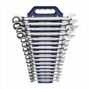 GearWrench® 9602N Combination Wrench Set, Ratcheting Reversible Regular Length, Metric, 8 to 25 mm, 16 pc, 12 Point, 15° Offset