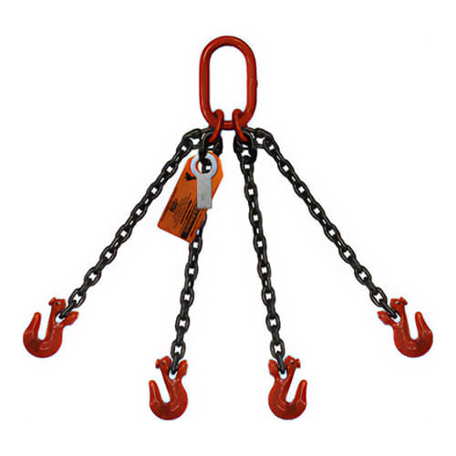 HSI® Quad Leg Bridle Chain Sling, 5/8 in dia, 15 ft Length, Oblong Link to Grab Hook Ends, 58,700 lb Working Load Limit