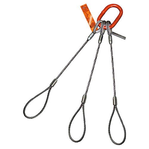 HSI® Three Leg Wire Rope Sling, 7/8 in dia, 3 ft L, Flemish Loop Ends, 20 ton Capacity, Domestic