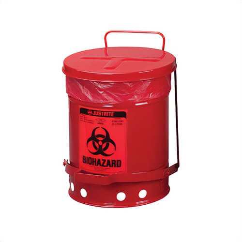 Justrite® 05910R Biohazard Waste Can, 6 gal Capacity, 15.866 in dia, 15-7/8 in H, Steel, Red, FM Approved, TUV Approved, OSHA 29 CFR 1910.1030