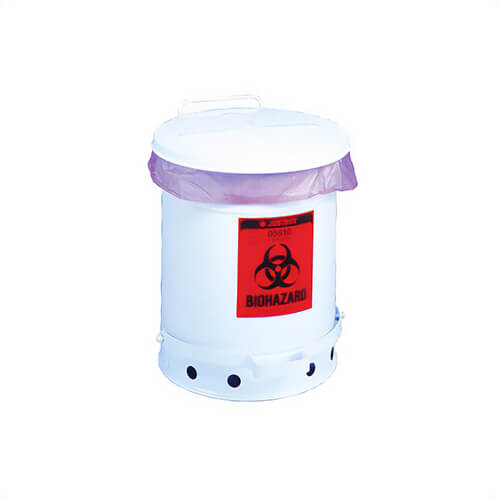 Justrite® 05930 Biohazard Waste Can, 10 gal Capacity, 13.937 in dia, 18-1/4 in H, Galvanized Steel, White, OSHA 29 CFR 1910.1030
