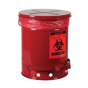 Justrite® 05930R Biohazard Waste Can with Foot Operated Self-Closing SoundGard™ Cover, 10 gal Capacity, 13.937 in dia, 18-1/4 in H, Steel, Red