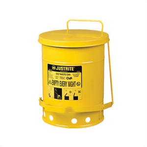 Justrite® 09101 Standard Foot Operated Oily Waste Can with Self-Closing Cover, 6 gal Capacity, 11-7/8 in dia x 15-7/8 in H, Steel, Yellow