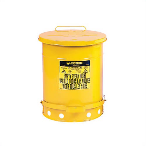 Justrite® 09501 Standard Foot Operated Oily Waste Can with Self-Closing Cover, 14 gal Capacity, 16.063 in dia x 20-1/4 in H, Steel, Yellow