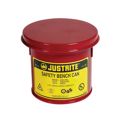 Justrite® 10175 Bench Can, 1 qt Capacity, 4-7/8 in dia x 5-1/2 in H, Galvanized Steel, Red