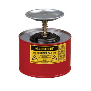 Justrite® 10208 Plunger Dispensing Can, 2 qt, Steel, Red, Brass/Ryton® Plunger, 5 in dia Dasher Plate
