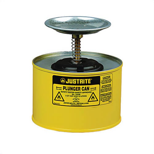 Justrite® 10218 Plunger Dispensing Can, 2 qt, Steel, Yellow, Brass/Ryton® Plunger, 5 in dia Dasher Plate