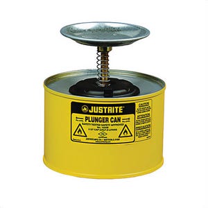 Justrite® 10218 Plunger Dispensing Can, 2 qt, Steel, Yellow, Brass/Ryton® Plunger, 5 in dia Dasher Plate