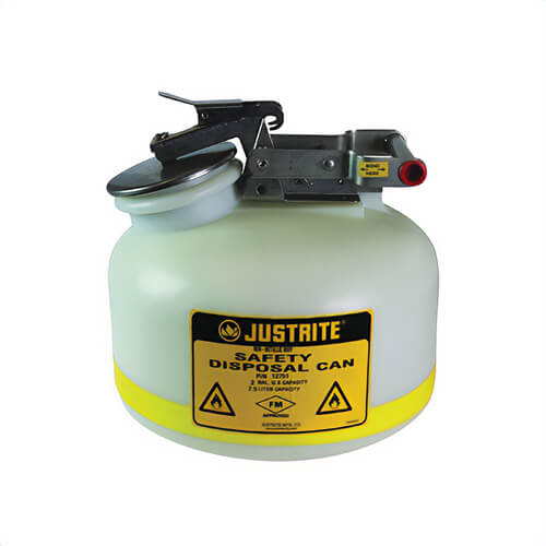 Justrite® 12751 Liquid Disposal Safety Can with Stainless Steel Hardware, 2 gal Capacity, 12 in dia, 14-3/4 in H, Polyethylene, White, FM Approved