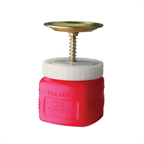 Justrite® 14018 Non-Metallic Plunger Dispensing Can, 1 qt, Brass Dasher/Polyethylene, Red, Brass/Ryton® Plunger, 5 in dia Dasher Plate