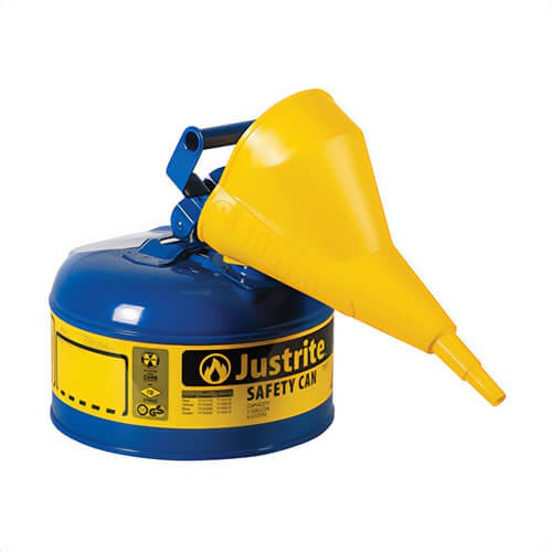 Justrite® 7110310 Type I Safety Can with 11202Y Polypropylene Funnel, 1 gal Capacity, 9-1/2 in dia x 11 in H, Steel, Blue