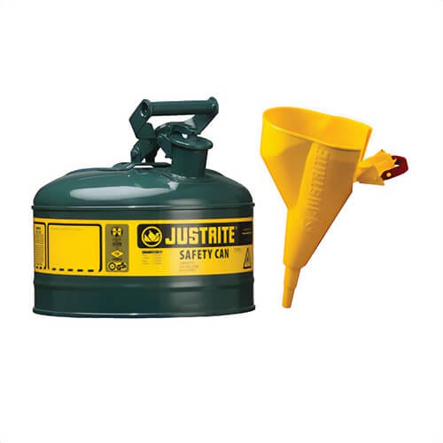 Justrite® 7110410 Type I Safety Can with Swinging Handle, Green, 1 gal, Stainless Steel Flame Arrester, Polypropylene Funnel