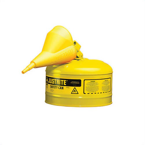 Justrite® 7125210 Type I Safety Can with Swinging Handle, Stainless Steel Flame Arrester and 11202Y 1/2 in OD x 11-1/4 in H Polypropylene Funnel