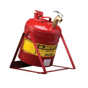 Justrite® 7150156 Type I Tilt Safety Can with Stand and 08902 Brass Top Self-Close Faucet, 5 gal Capacity, 11-3/4 in dia x 15-7/8 in H, Steel, Red