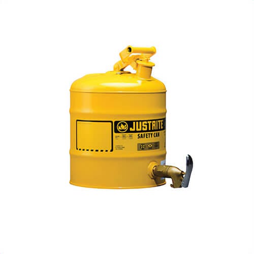 Justrite® 7150250 Type I Shelf Safety Can with 08902 Brass Bottom Self-Close Faucet, 5 gal Capacity, 11-3/4 in dia x 16-7/8 in H, Steel, Yellow