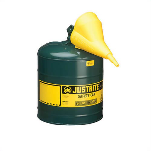Justrite® 7150410 Type I Safety Can with Swinging Handle, Green, 5 gal, Stainless Steel Flame Arrester, Polypropylene Funnel