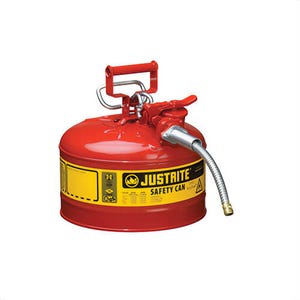 Justrite® AccuFlow™ 7225120 Type II Safety Can with 5/8 in OD x 9 in L Metal Hose and SS Flame Arrester, 2.5 gal