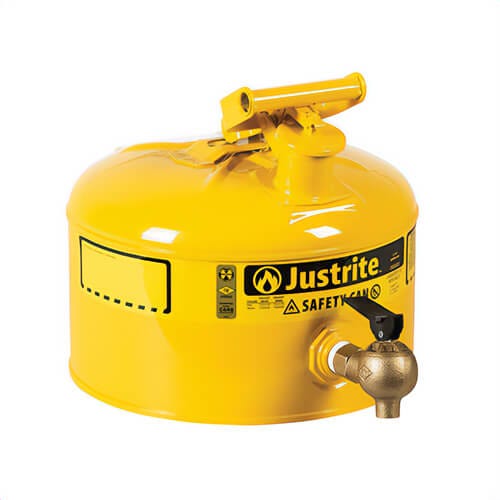 Justrite® 7225240 Type I Tilt Safety Can with 08540 3/4 in Brass Faucet Laboratory Can, 2.5 gal Capacity, 11-3/4 in dia x 11-1/2 in H, Steel, Yellow