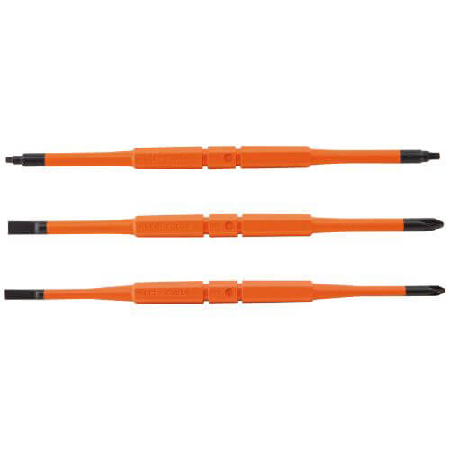 Klein® 13157 Insulated Screwdriver Blade, Phillips®/Slotted/Square Point, #1, #2, 1/4 in, 3/16 in Point, 7.48 in OAL, Double, Induction Hardened Steel