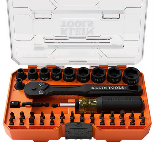Klein® 33806 ProFlex Impact Driver Bit and Socket Set, for use with Impact Drivers, Impact Wrenches, SAE, S2 Tool Steel, 43 pc