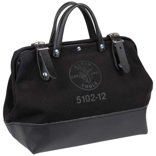 Klein® 510212BLK Tool Bag, Canvas, Black, Stitched and Riveted Leather Handles, Black, 12 L x 10 H x 6 W in