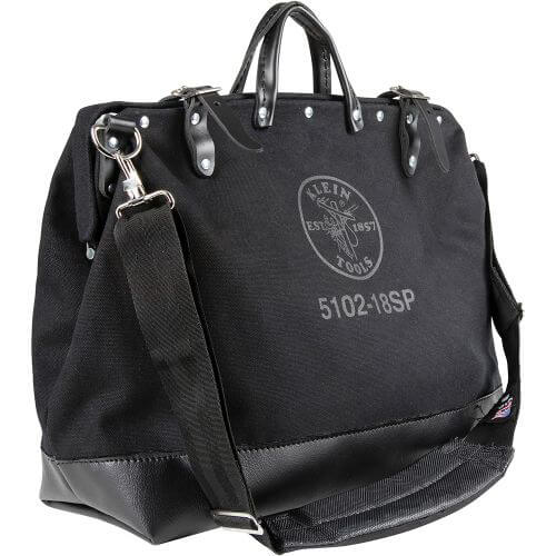 Klein® 510218SPBLK Deluxe Tool Bag with Internal Pockets and Shoulder Strap, #8 Canvas, Black