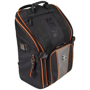 Klein® Tradesman Pro™ 55655 21-Pocket Zipper Closure Tool Bag Backpack with Worklight, 1680D Ballistic Weave, Black/Gray/Orange