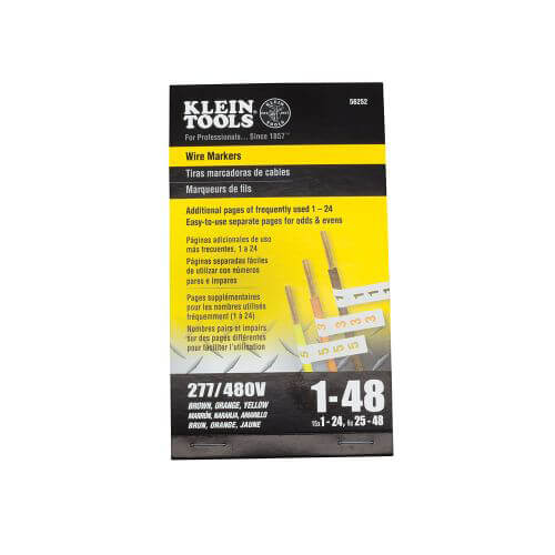 Klein® 56252 14-Page 3-Phase Strong Tack Adhesive Wire Marker Book, 5-1/2 in L x 3-21/64 in W, Brown/Orange/Yellow Print on White, Cloth
