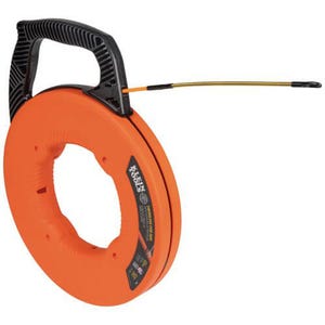 Klein® 56350 Fish Tape with Spiral Steel Leader, 0.182 in Thick Tape, 50 ft L Tape, S-Glass Fiberglass Tape, Black/Orange