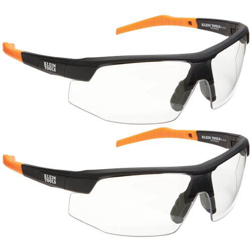 Klein® 60171 Standard Safety Eyewear, Anti-Fog/Scratch-Resistant, Semi-Framed Nylon Frame, Black/Orange, Clear Polycarbonate, 2 pk