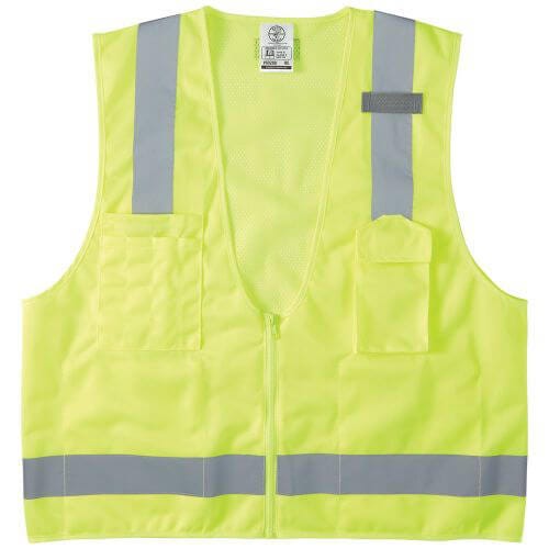 Klein® 60268 Safety Vest, XL, Hi-Viz Yellow, Polyester, Front Zipper Closure, 8 Pockets, ANSI Class: Type R Class 2, ANSI/ISEA 107-2015