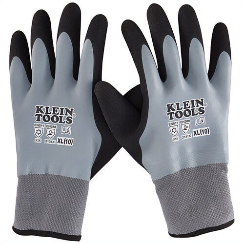 Klein® 60390 General Winter Work Gloves, Thermal/Double Dipped, Coated Style, XL, Latex Palm, Acrylic/Latex/Polyester, Black/Gray, Knit Cuff