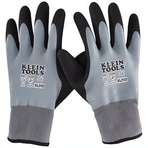 Klein® 60390 General Winter Work Gloves, Thermal/Double Dipped, Coated Style, XL, Latex Palm, Acrylic/Latex/Polyester, Black/Gray, Knit Cuff