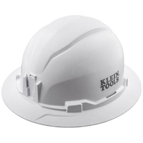 Klein® 60400 Type 1 Full Brim Style Non-Vented Hard Hat, 6-1/2 Fits Mini Hat, ANSI Electrical Class: E, ANSI Impact Rating: ANSI Z89.1-2014