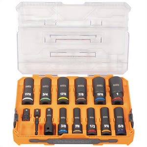 Klein® 65111IMPCT Knect™ Drive Deep Well Impact Socket Set with Case, Chrome Moly Steel, SAE, 1/2 in, 14 pc